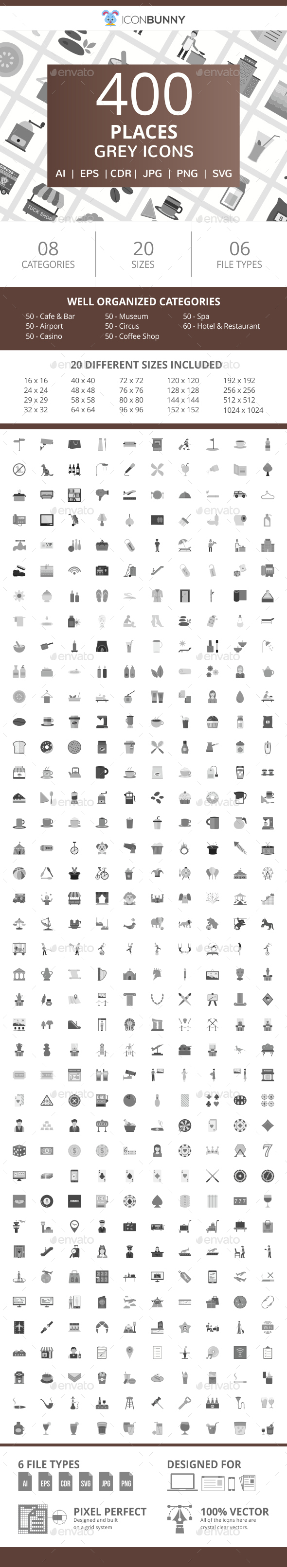 400 Places Flat Greyscale Icons - Icons