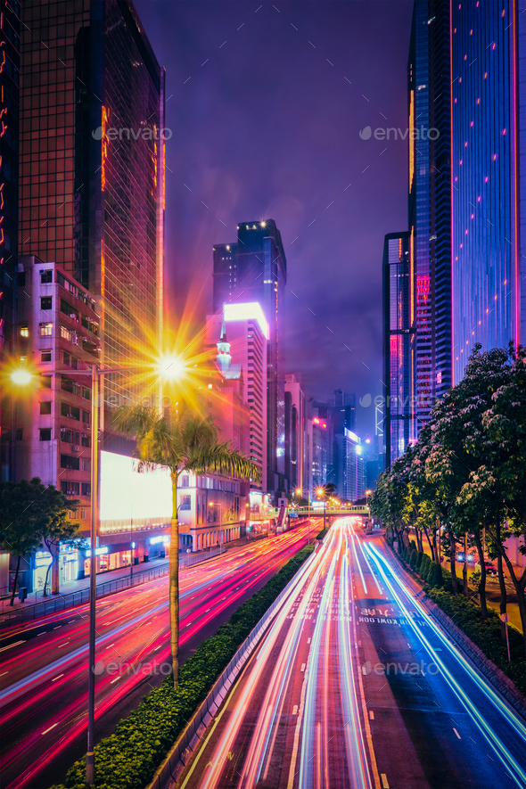Street traffic in Hong Kong at night - Stock Photo - Images