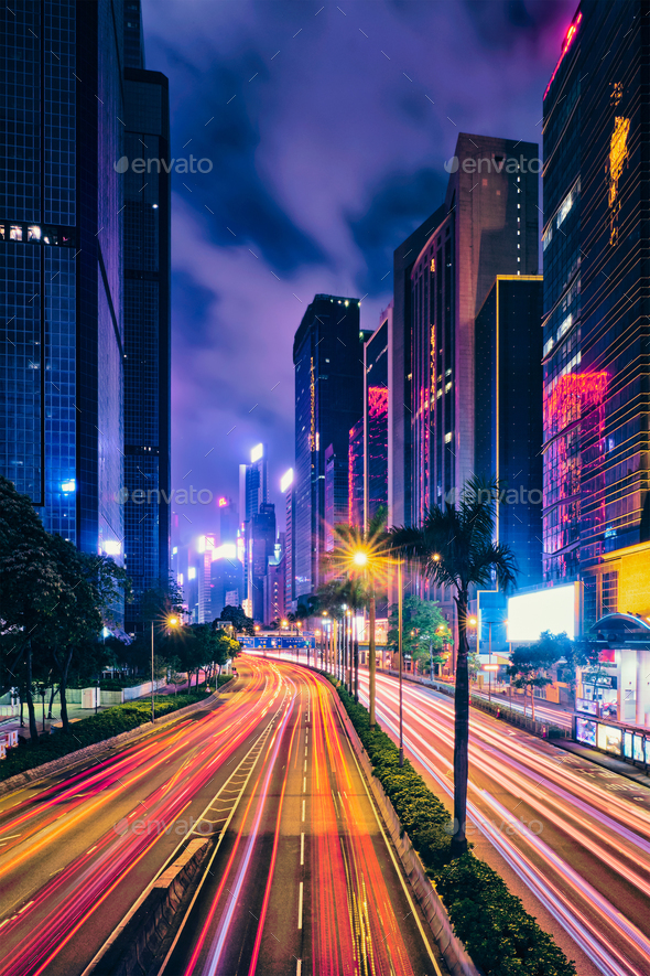 Street traffic in Hong Kong at night - Stock Photo - Images