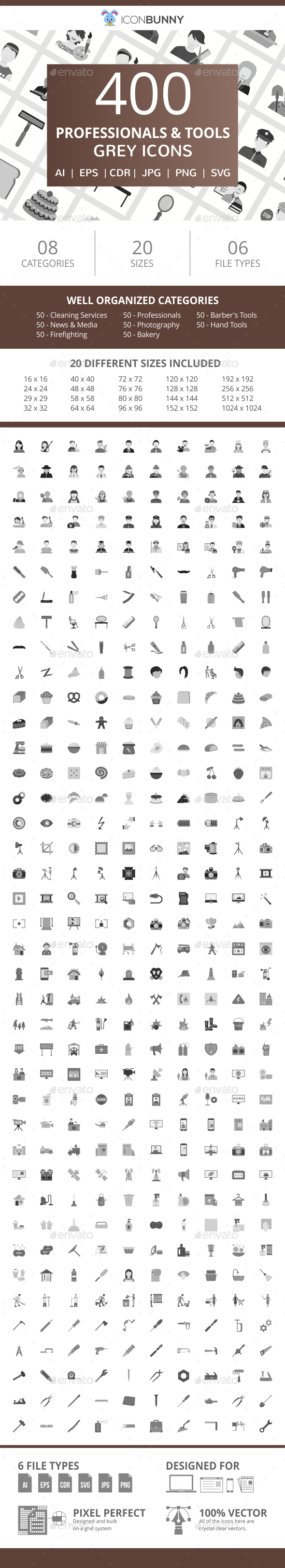 400 Professionals & their Tools Flat Greyscale Icons - Icons