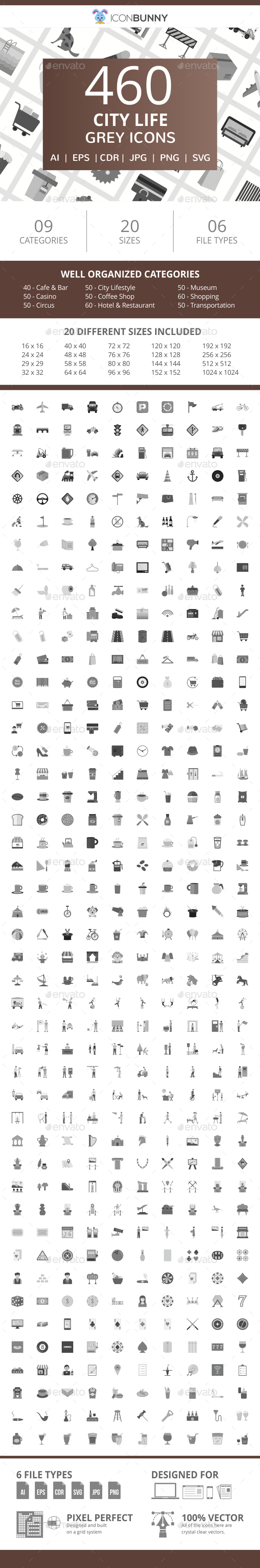 460 City Life Flat Greyscale Icons - Icons