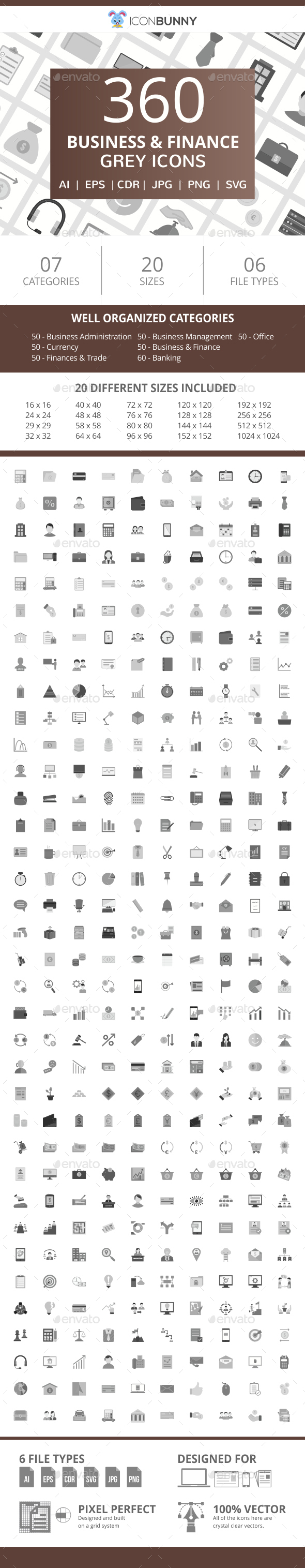 360 Business & Finance Flat Greyscale Icons - Icons