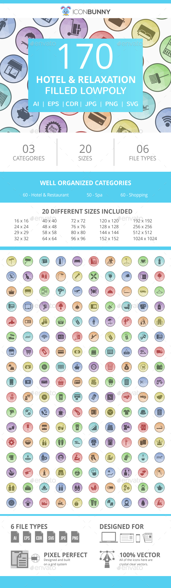 170 Hotel & Relaxation Filled Low Poly Icons - Icons