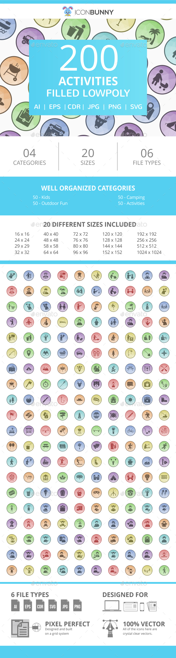 200 Activities Filled Low Poly Icons - Icons