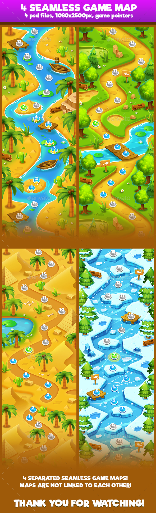 4 Seamless Tileable Vertical Game Maps Bundle - Backgrounds Game Assets