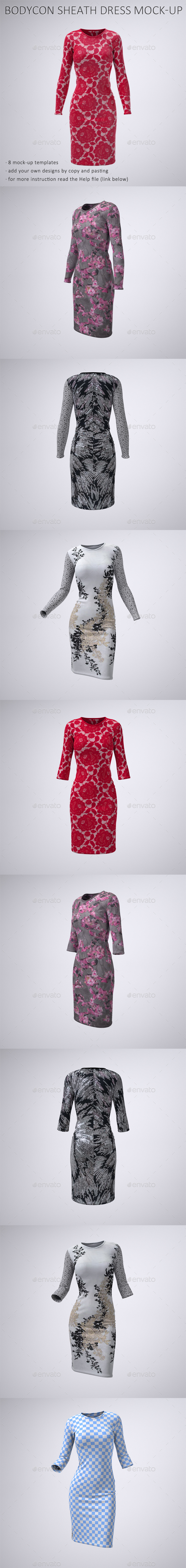 Body-Con Sheath Dress With Long or Three-Quarter Sleeves Mock-Up - Apparel Product Mock-Ups