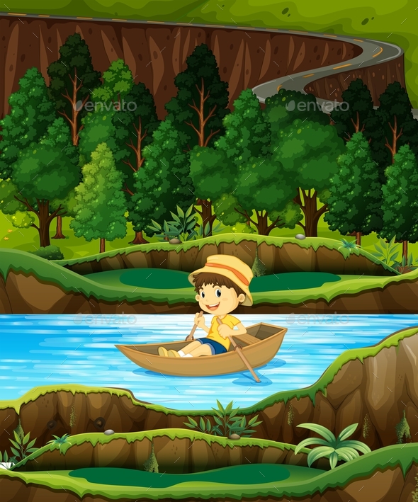 Boy In A Row Boat On A Stream - Characters Vectors