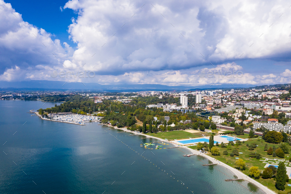 Aerial view of Ouchy waterfront in  Lausanne, Switzerland - Stock Photo - Images