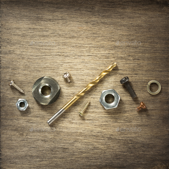 hardware tools and screws at wood Stock Photo by seregam | PhotoDune
