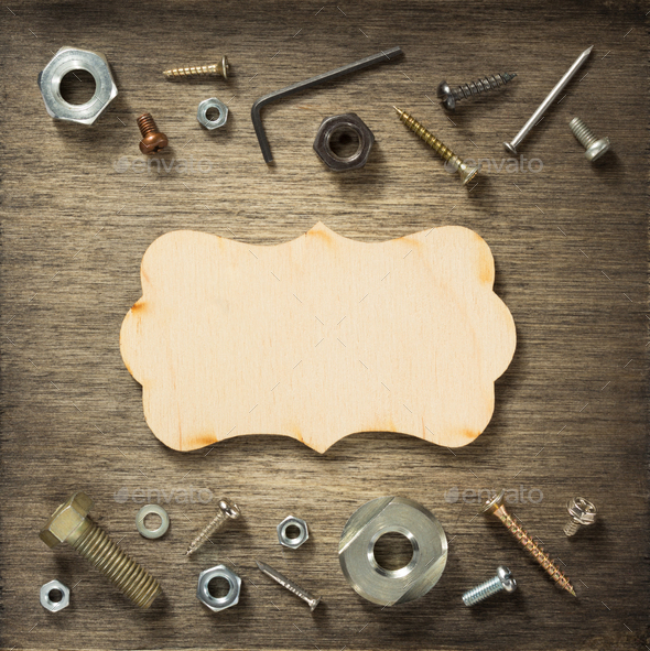 hardware tools and screws at wood Stock Photo by seregam | PhotoDune