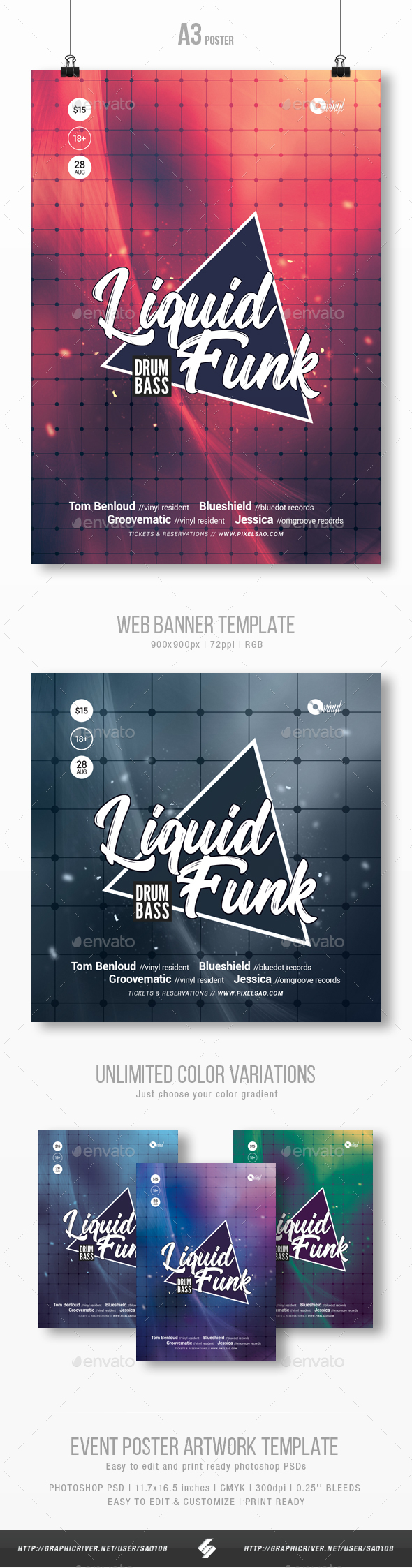 Liquid Funk - Club Party Flyer / Poster Template A3 - Clubs & Parties Events