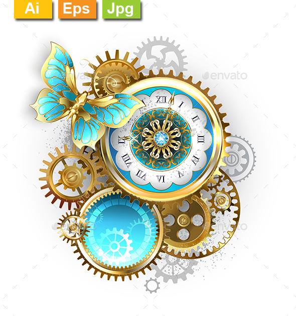 Clock and Gear with Butterfly - Decorative Symbols Decorative