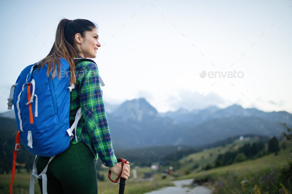 Girl Traveler Hiking Backpack Rocky Mountains Stock Photo