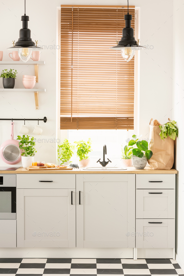 Lamps above wooden countertop with plants in bright kitchen inte Stock Photo by bialasiewicz