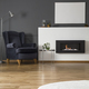 Navy blue armchair between lamp and silver table in apartment in - $5.00 Navy blue armchair between lamp and silver table in apartment in
