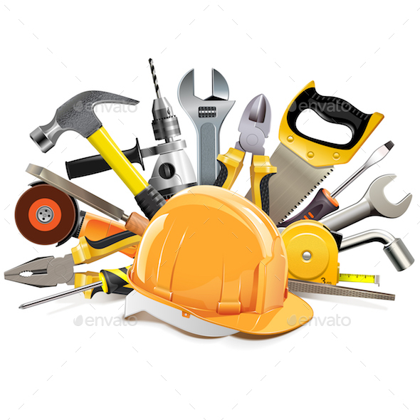 Vector Orange Construction Helmet with Hand Tools - Industries Business