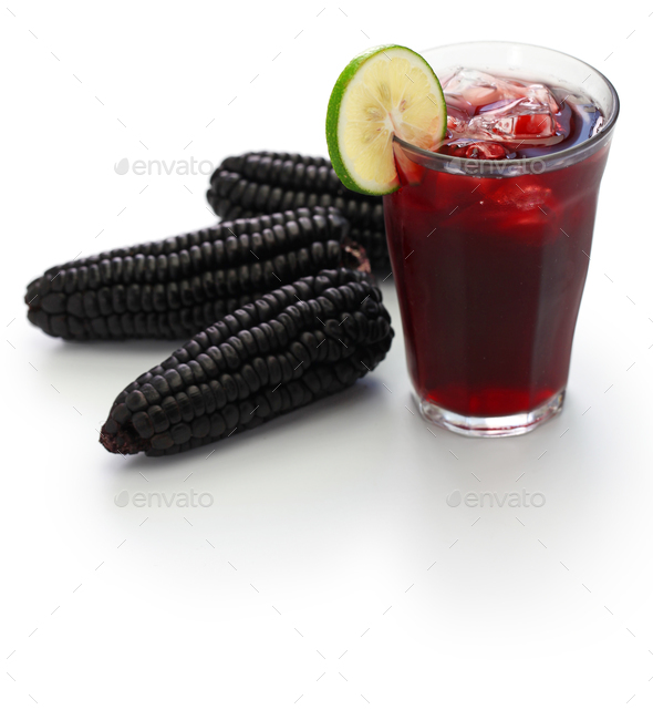 chicha morada, peruvian purple corn drink isolated on white background