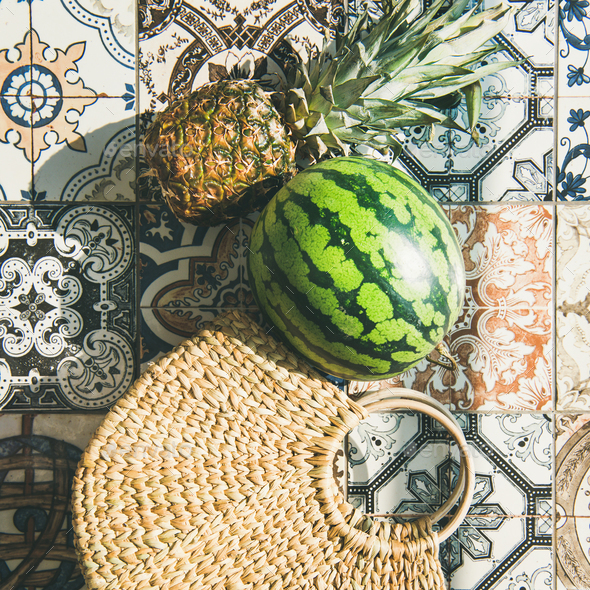 Summer lifestyle background with fruits and straw bag, square crop - Stock Photo - Images