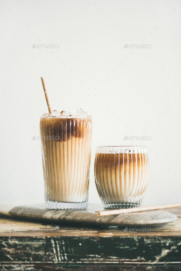 Iced Coffee Glasses Milk Straws Board Rustic Wooden Table White