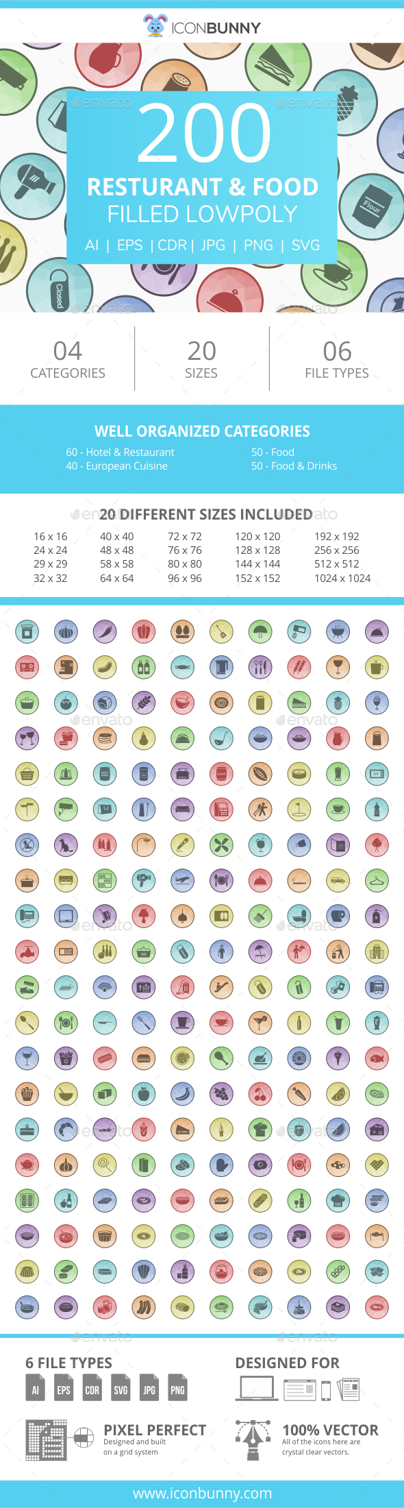 200 Restaurant & Food Filled Low Poly Icons - Icons