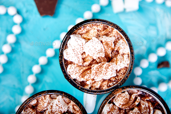 Hot chocolate with marshmallow candies on wooden background. - Stock Photo - Images