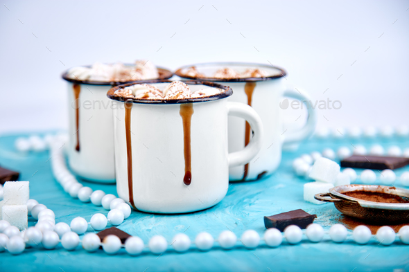 Hot chocolate with marshmallow candies on wooden background. - Stock Photo - Images