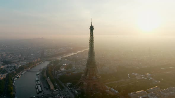 Establishing Aerial Panorama of Paris Cityscape with Landmark Eiffel Tower