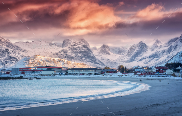 Arctic Sandy Beach Blue Sea And Snowy Mountains At Sunset Stock Photo By Den Belitsky