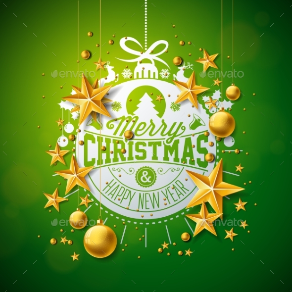 Merry Christmas Illustration with Gold Glass Ball - Christmas Seasons/Holidays