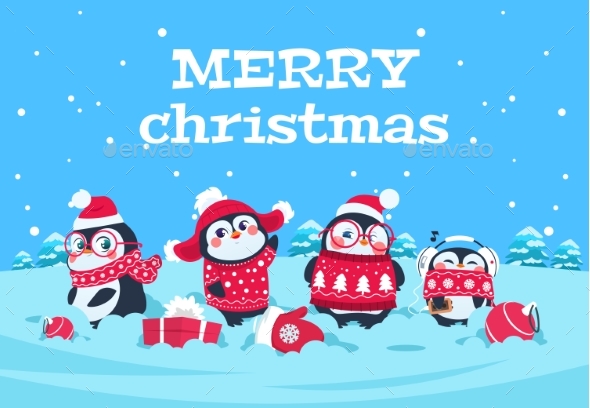 Cartoon Penguins. Christmas Baby Penguin - Characters Vectors