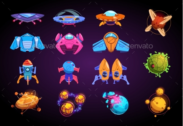 Cartoon Planets and Spaceships. Fantastic Rockets - Objects Vectors