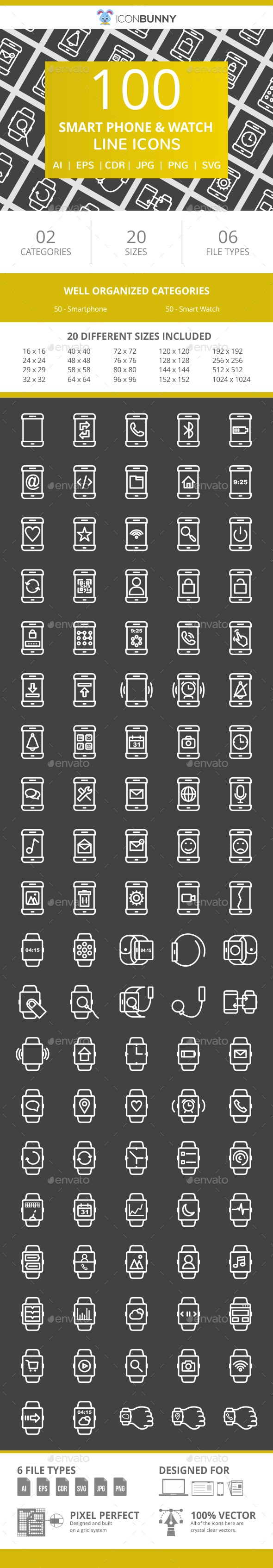 100 Smartphone & Smartwatch Line Inverted Icons - Icons