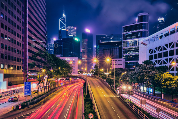 Street traffic in Hong Kong at night - Stock Photo - Images