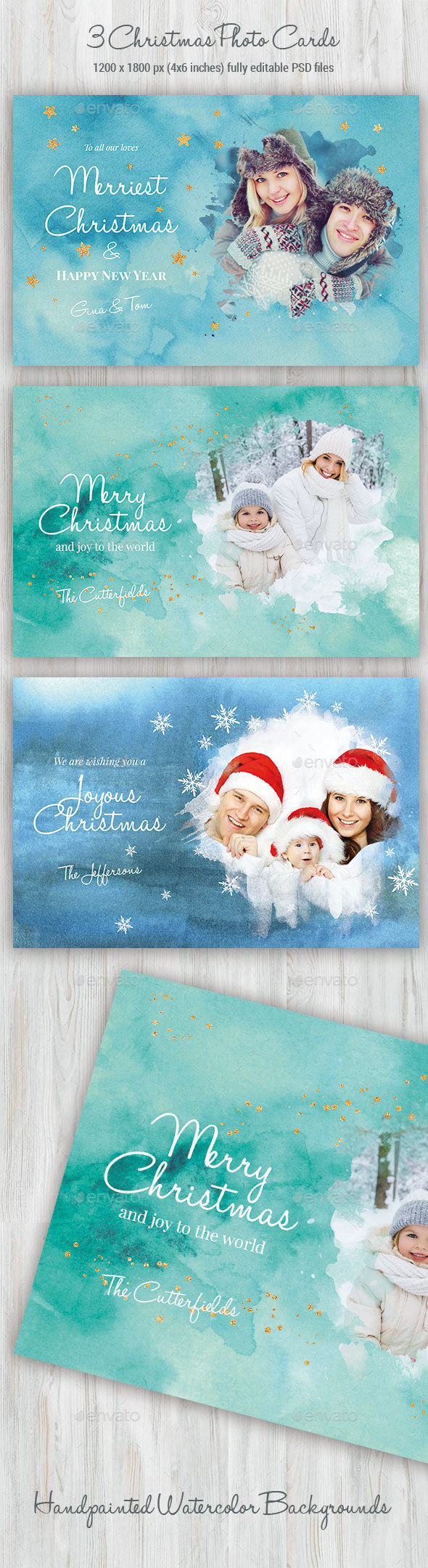 3 Watercolor Christmas Photo Cards - Cards & Invites Print Templates