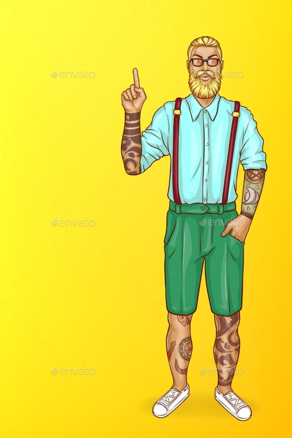 Vector Pop Art Tattooed Bearded Man Points - People Characters
