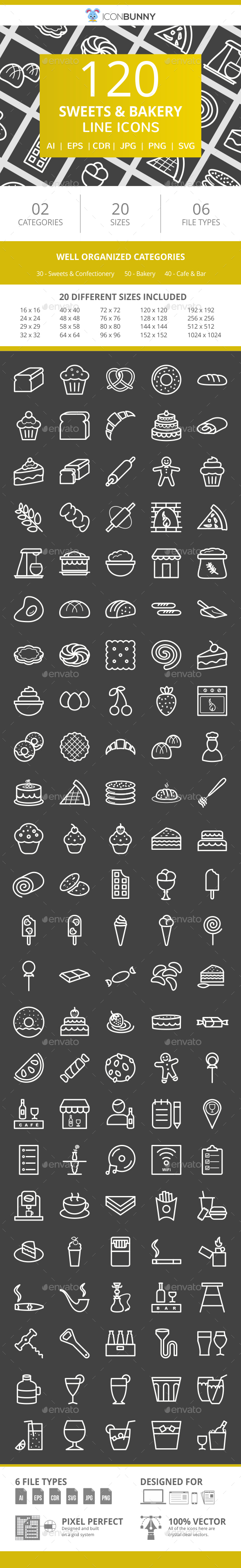 120 Sweets & Bakery Line Inverted Icons - Icons