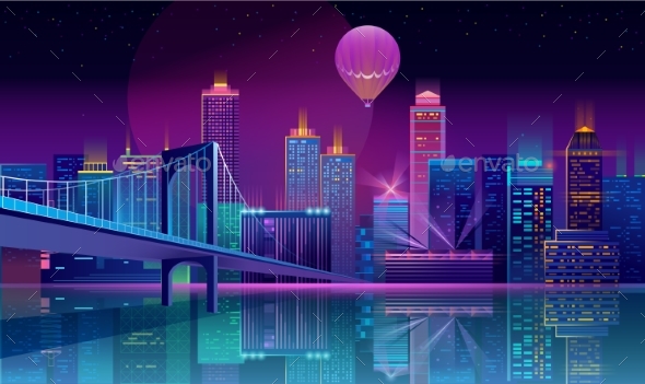 Vector Background with Night City in Neon Lights - Buildings Objects