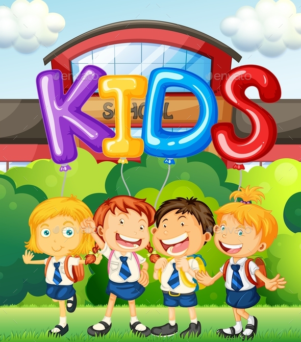 Students At School And Word For Kids - People Characters