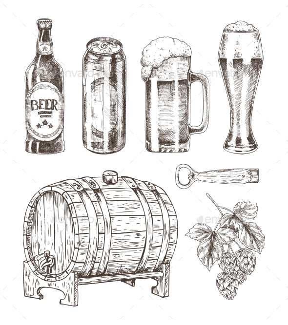 Beer and Ale Collection Isolated on White Backdrop - Food Objects