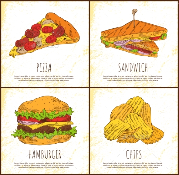 Pizza Sandwich Hamburger and Chips Appetizer Set - Food Objects