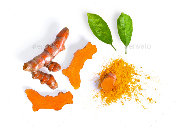 turmeric with leaf isolated on white background - Stock Photo - Images