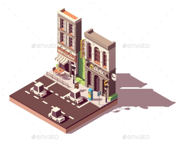 Vector Isometric Street Car Parking - Buildings Objects