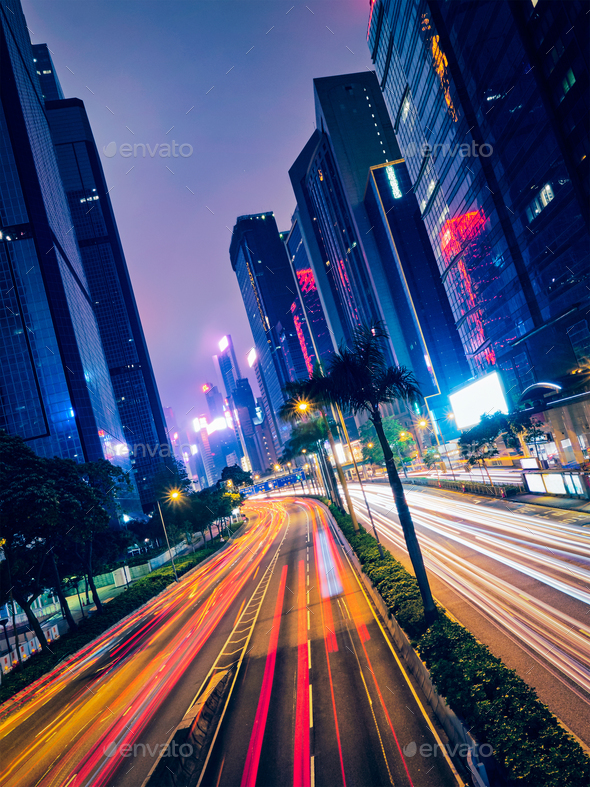 Street traffic in Hong Kong at night - Stock Photo - Images