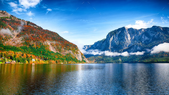 Sunny morning on the lake Altausseer See Alps Austria Europe - Stock Photo - Images