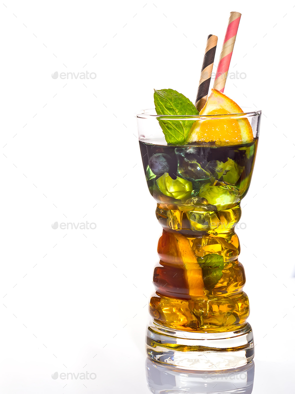 Alcoholic cocktail of the Godfather with orange and ice, isolated on white background