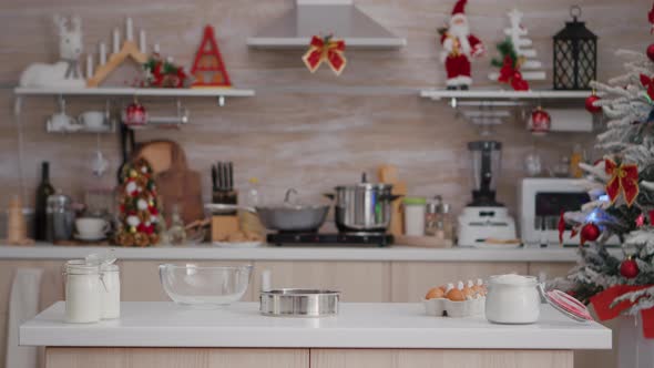 Empty Christmas Decorated Culinary Kitchen with Nobody in It Ready for Traditional Festive Holiday alt