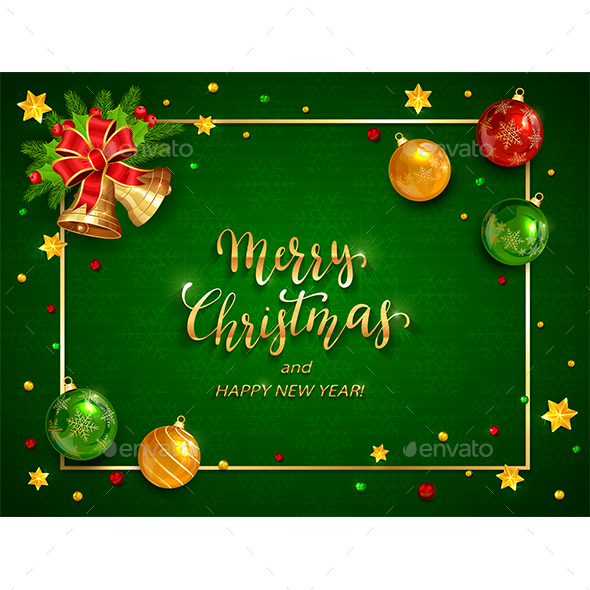 Christmas Balls and Bells on Green Holiday Background - Christmas Seasons/Holidays