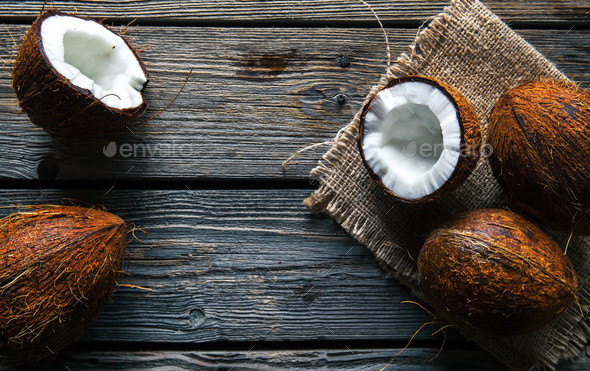Coconuts on a wooden background, food, nature