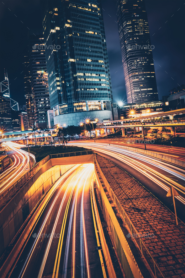 Street traffic in Hong Kong at night - Stock Photo - Images