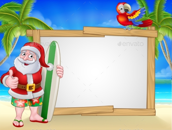Santa Claus Surf Beach Christmas Cartoon Sign - Christmas Seasons/Holidays
